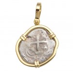 Authentic 2 Reales Treasure Cob Coin in Solid 18kt Gold Pendant Two Visible Dates: 1766